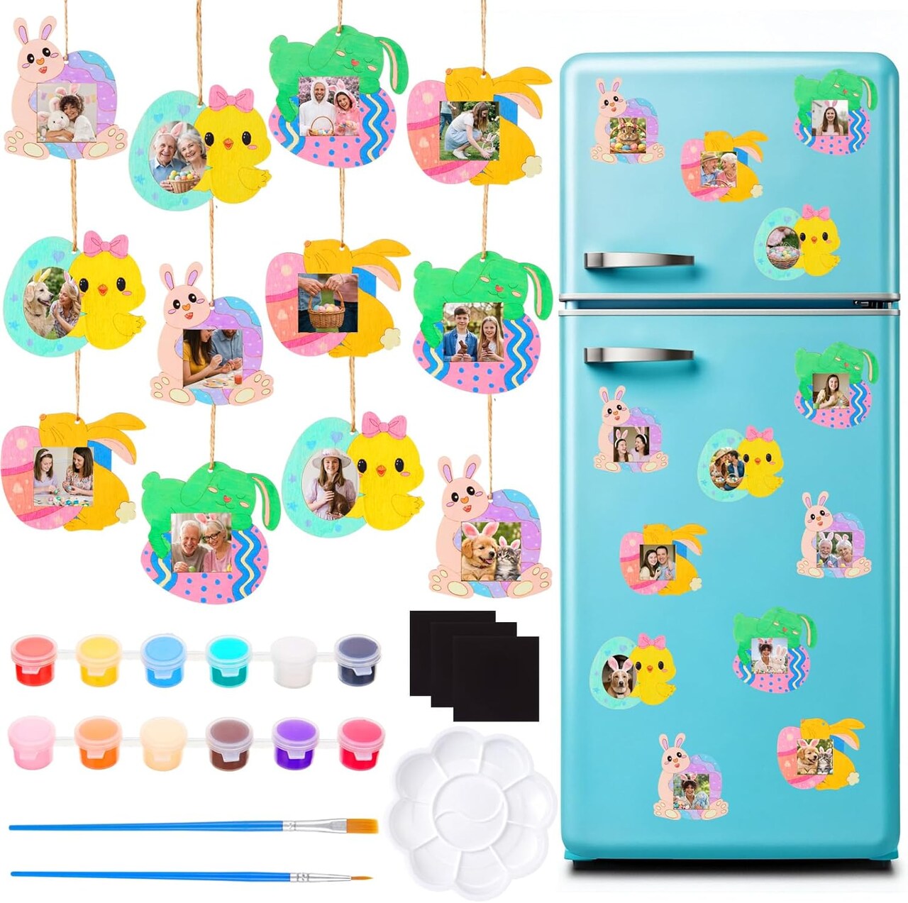 39-Piece Easter Craft Kit – DIY Magnetic Bunny & Egg Wooden Photo Frames with Paints, Brushes, and Magnetic Stickers for Easter Decorations & Family Craft